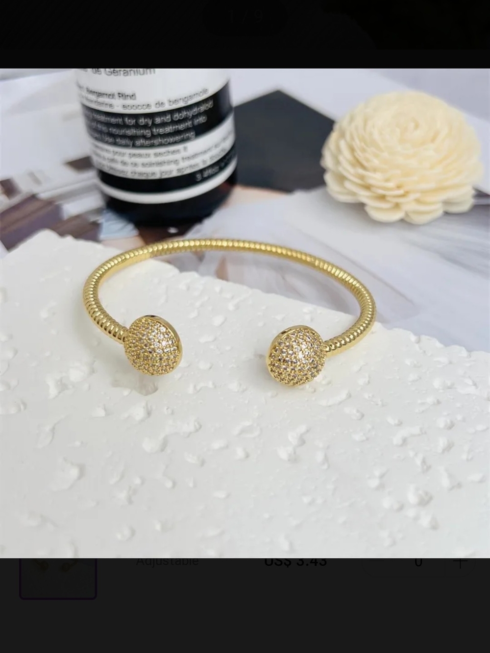 Fashion Jewelry Gold Pave Ball Open Cuff Bracelet